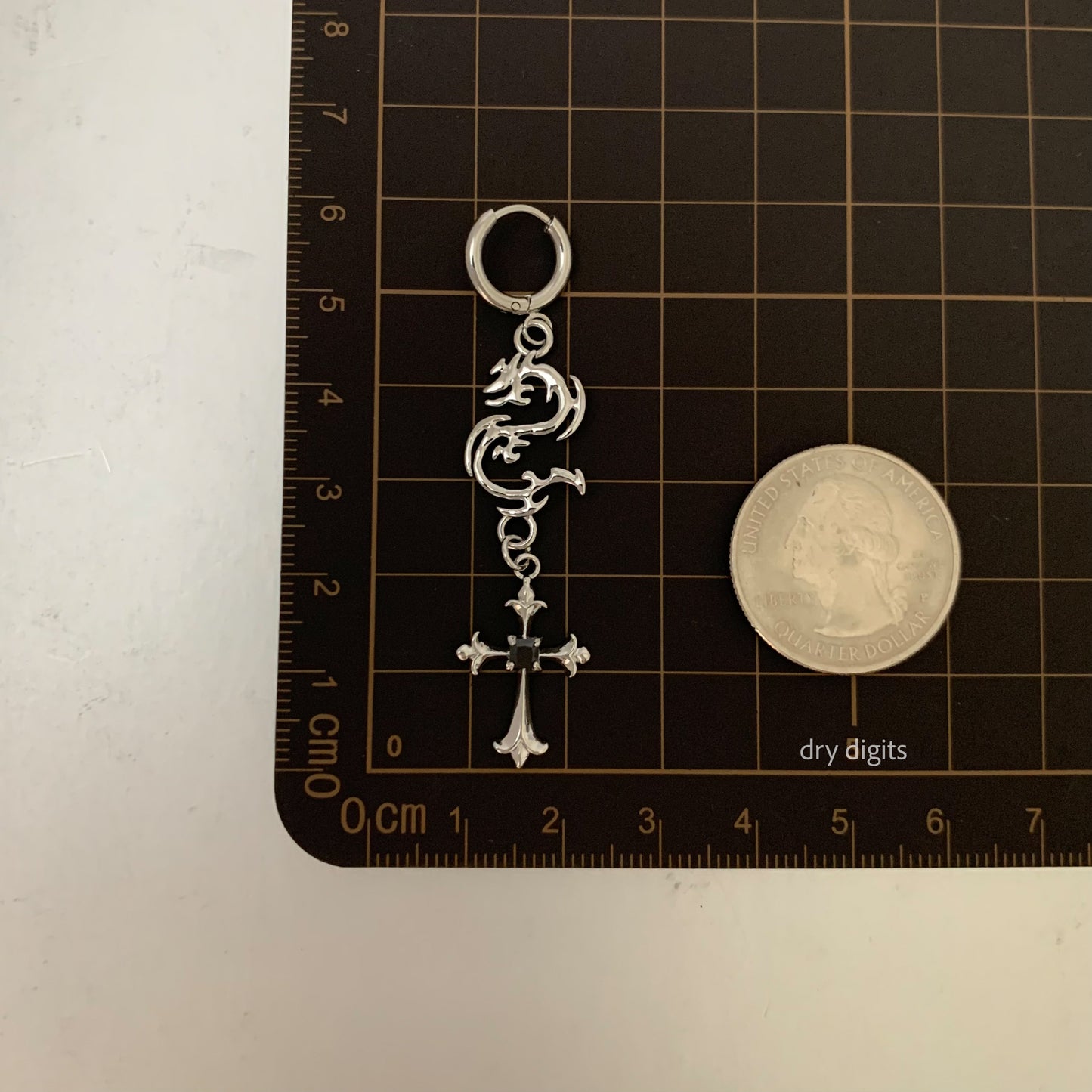 Dragon Cross Drop Hoop Earrings – Silver Gothic Dangle