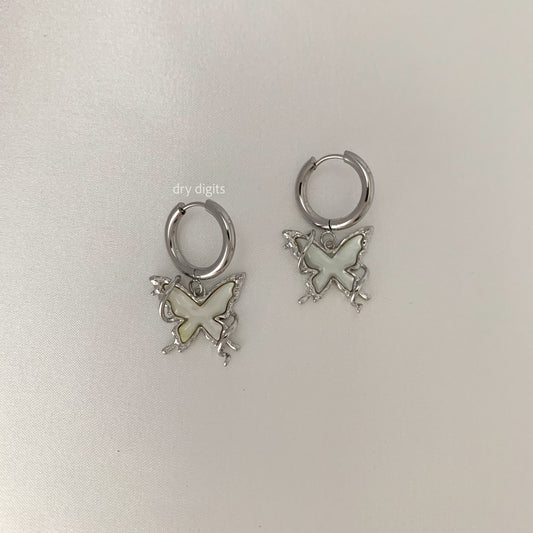 Iridescent Butterfly Hoop Earrings – Silver Outline Dangles
