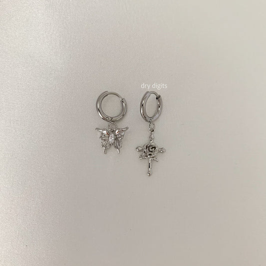 Mismatched Butterfly & Rose Cross Hoop Earrings – Silver Dangle Set