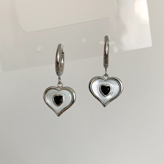 Black & White Heart Drop Hoop Earrings – Sweet Spark Statement Dangles