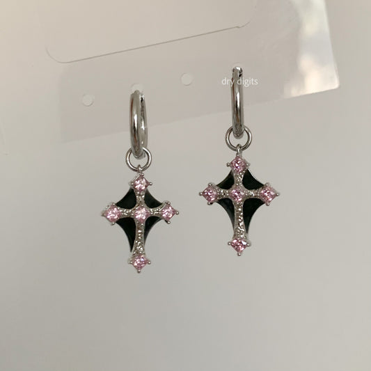 Pink Gem Gothic Cross Hoop Earrings – Sweet & Edgy Dangle Hoops