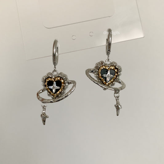 Cosmic Heart Planet Hoop Earrings – Black & Gold Orbit Dangle