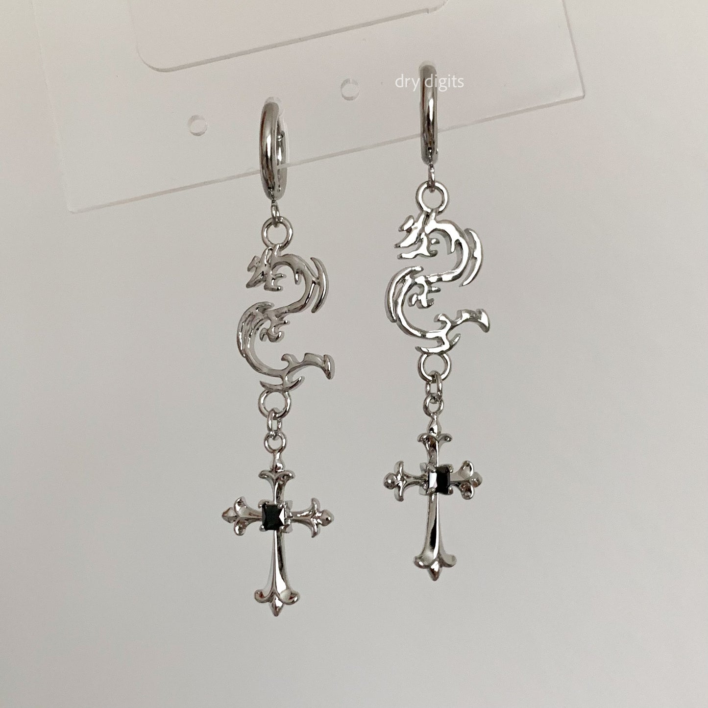 Dragon Cross Drop Hoop Earrings – Silver Gothic Dangle