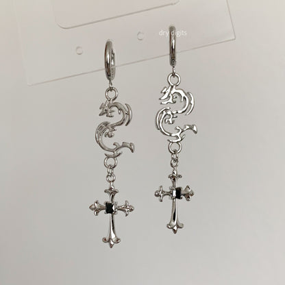 Dragon Cross Drop Hoop Earrings – Silver Gothic Dangle