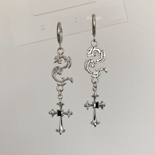 Dragon Cross Drop Hoop Earrings – Silver Gothic Dangle