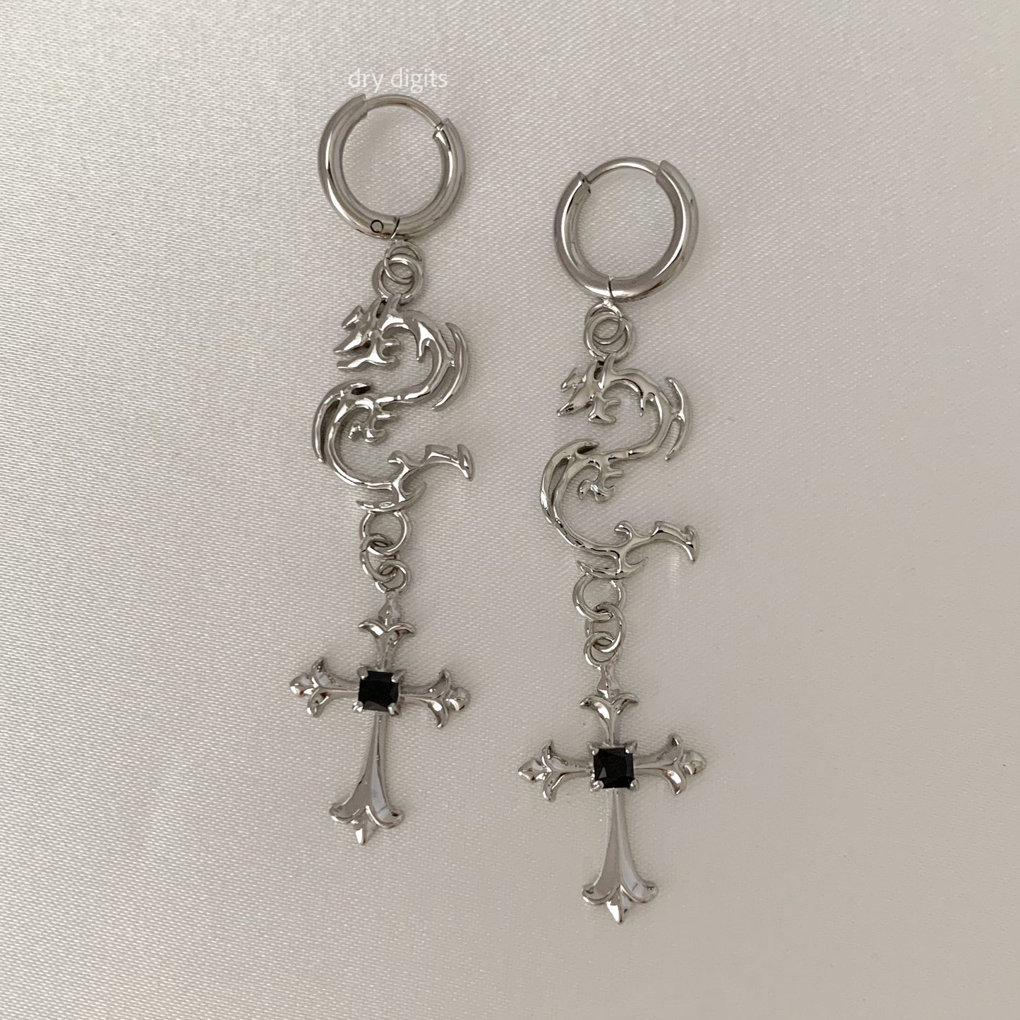 Dragon Cross Drop Hoop Earrings – Silver Gothic Dangle