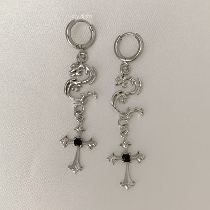 Dragon Cross Drop Hoop Earrings – Silver Gothic Dangle