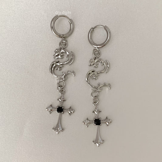 Dragon Cross Drop Hoop Earrings – Silver Gothic Dangle