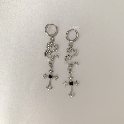 Dragon Cross Drop Hoop Earrings – Silver Gothic Dangle