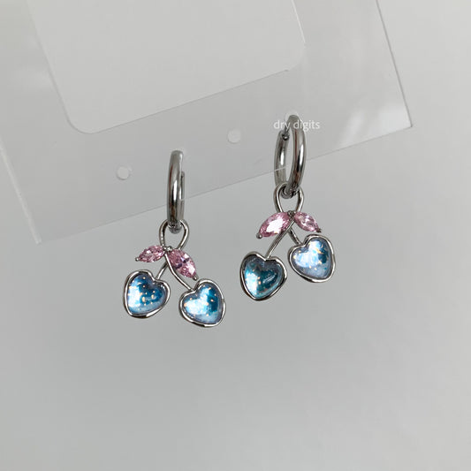 Blue Heart Cherry Hoop Earrings – Pink Leaf Crystal Dangles