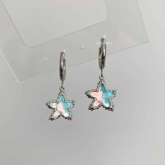 Iridescent Starfish Hoop Earrings – Pastel Blue Pink Dangles
