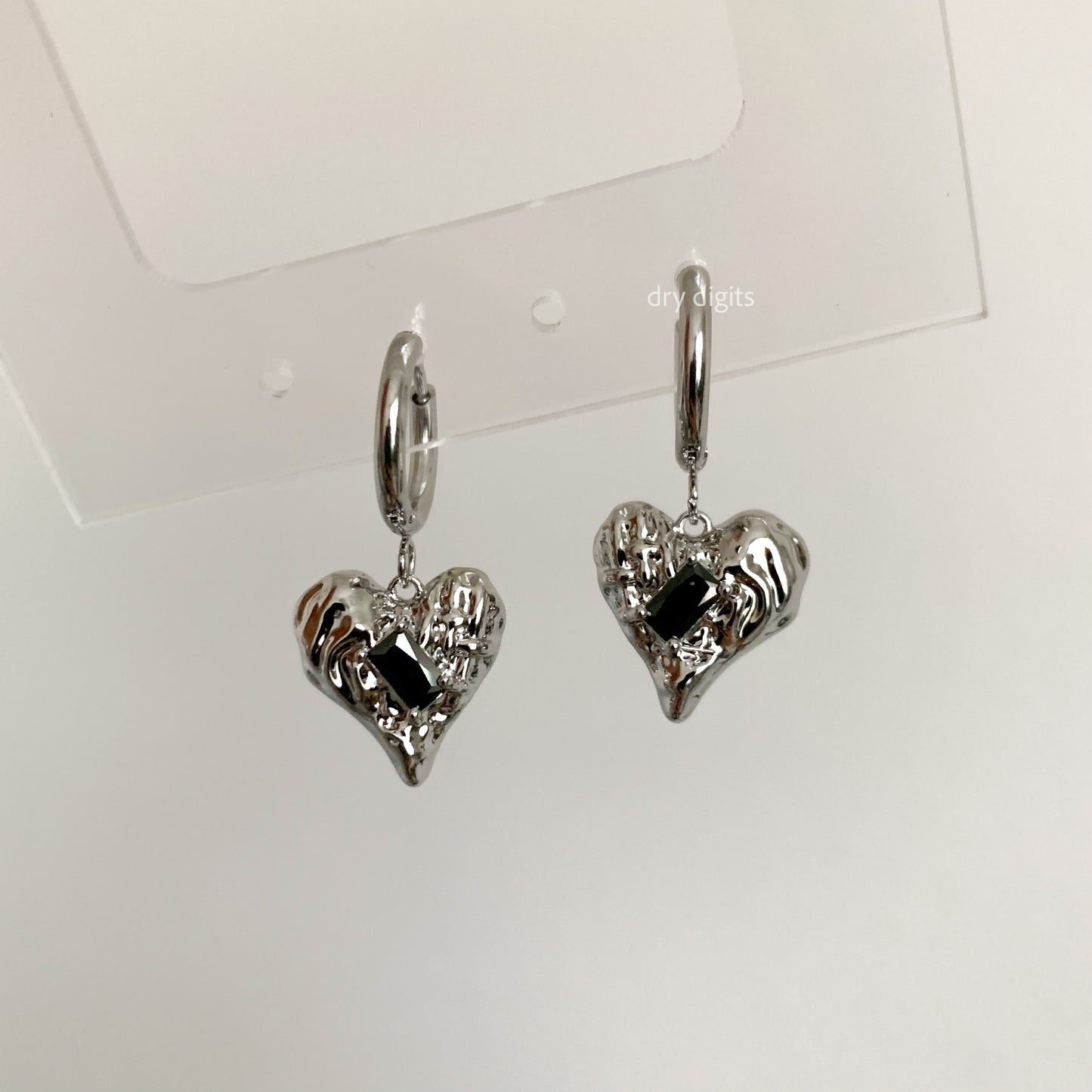 Molten Silver Heart Hoop Earrings – Black Gem Accent Dangles