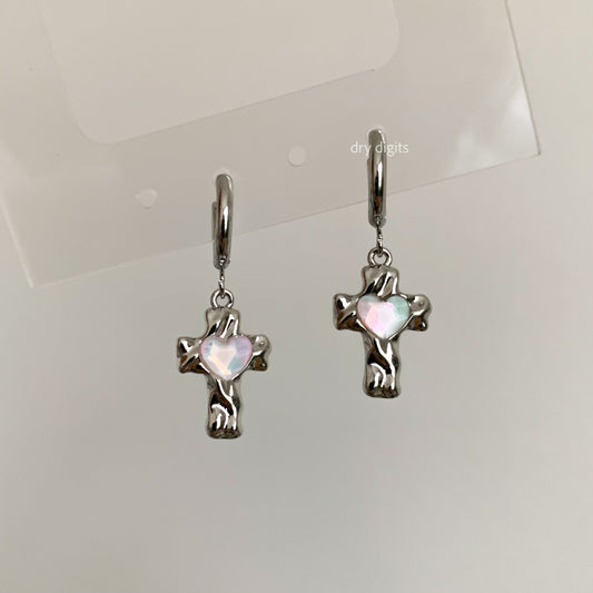 Molten Cross Hoop Earrings – Iridescent Heart Dangles