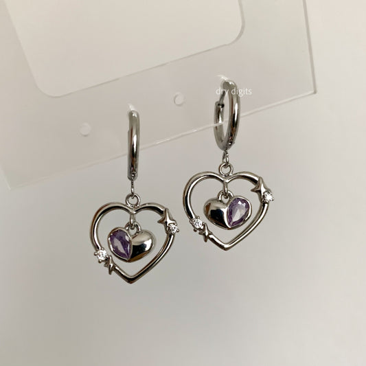 Heart Hoop Earrings – Silver Frame with Purple CZ Heart Dangle