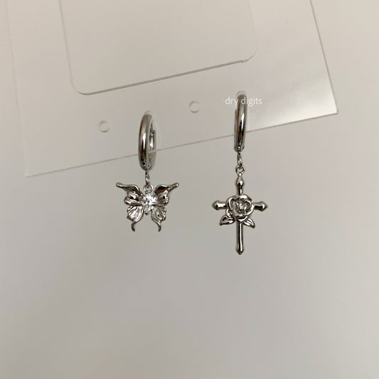 Mismatched Butterfly & Rose Cross Hoop Earrings – Silver Dangle Set