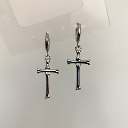 Bone Cross Hoop Earrings – Silver Gothic Dangle