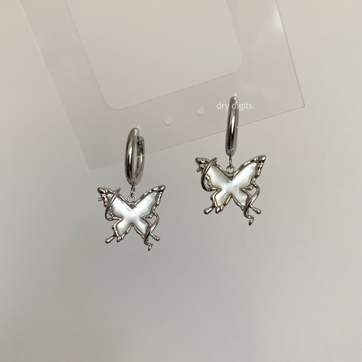 Iridescent Butterfly Hoop Earrings – Silver Outline Dangles