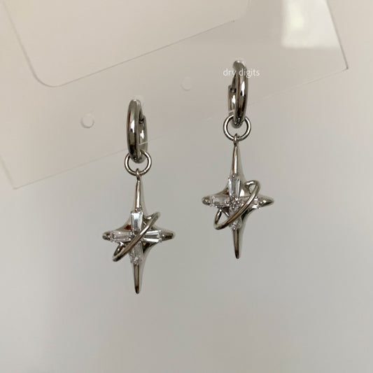 Orbit Star Hoop Earrings – Silver Cosmic Crystal Dangles