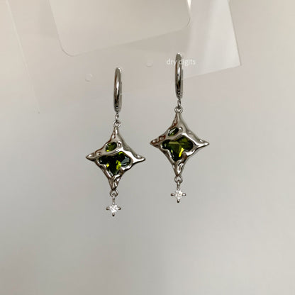 Molten Green Star Hoop Earrings – Irregular Gem Dangles