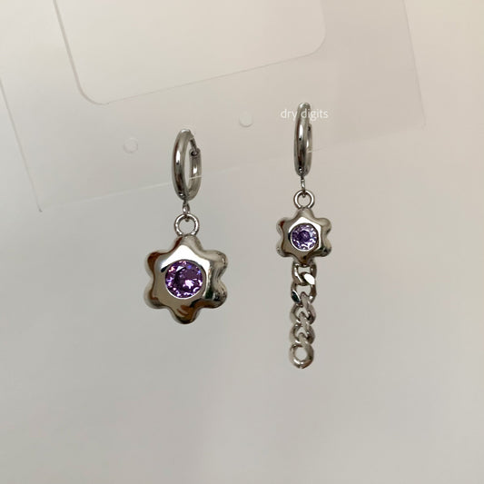 Mismatched Purple Flower Hoop Earrings – Molten Petal & Chain Dangle Set
