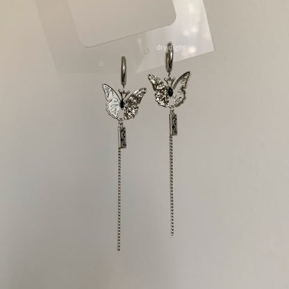 Mismatched Butterfly Chain Hoop Earrings – Silver Long Dangle Set