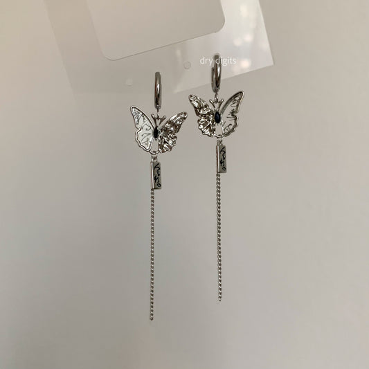 Mismatched Butterfly Chain Hoop Earrings – Silver Long Dangle Set