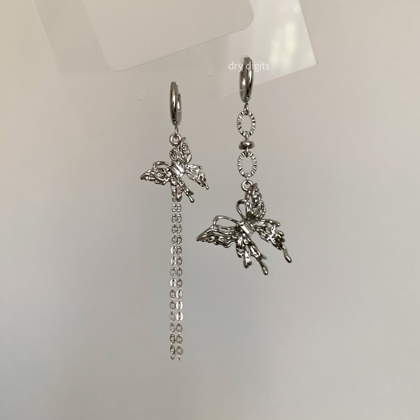 Mismatched Silver Butterfly Chain Hoop Earrings – Long Dangle Set