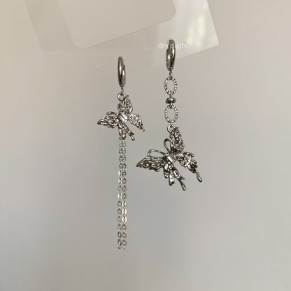 Mismatched Silver Butterfly Chain Hoop Earrings – Long Dangle Set