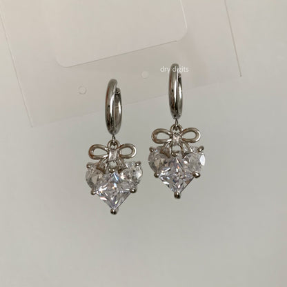 Bow Heart Crystal Hoop Earrings – Silver Dangle Sparkle