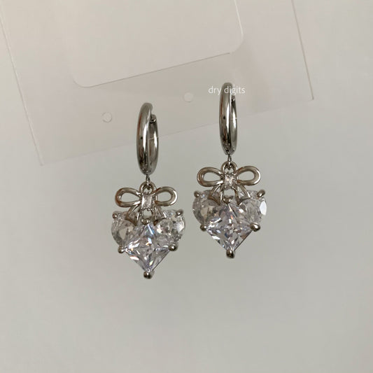 Bow Heart Crystal Hoop Earrings – Silver Dangle Sparkle