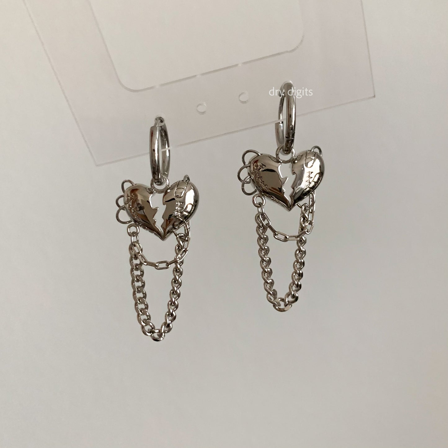 Broken Heart Chain Hoop Earrings – Silver Linked Dangle Set