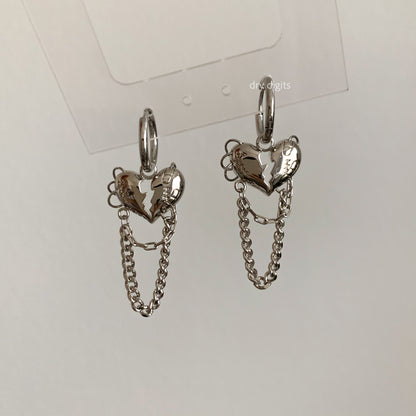 Broken Heart Chain Hoop Earrings – Silver Linked Dangle Set