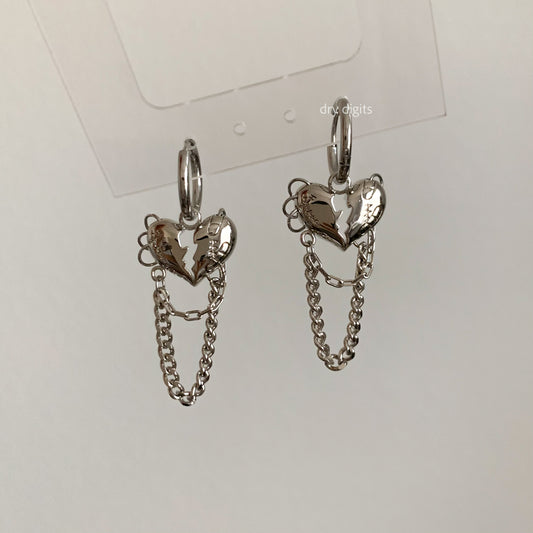 Broken Heart Chain Hoop Earrings – Silver Linked Dangle Set