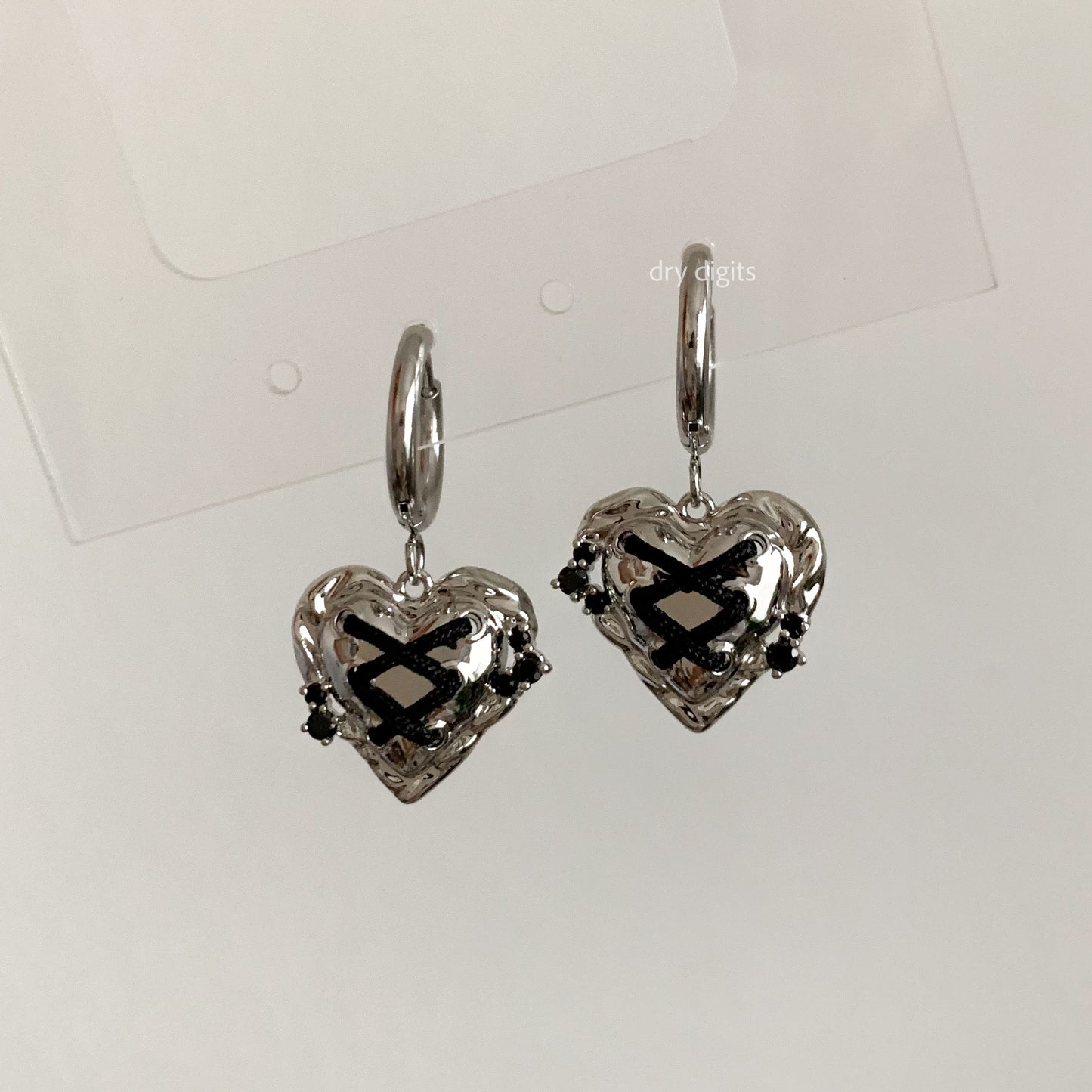 Stitched Heart Hoop Earrings – Silver & Black Gothic Cute Dangles
