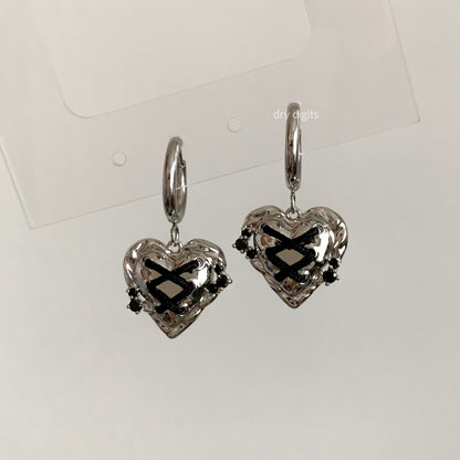 Stitched Heart Hoop Earrings – Silver & Black Gothic Cute Dangles