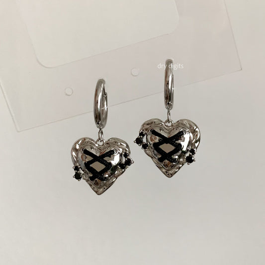 Stitched Heart Hoop Earrings – Silver & Black Gothic Cute Dangles