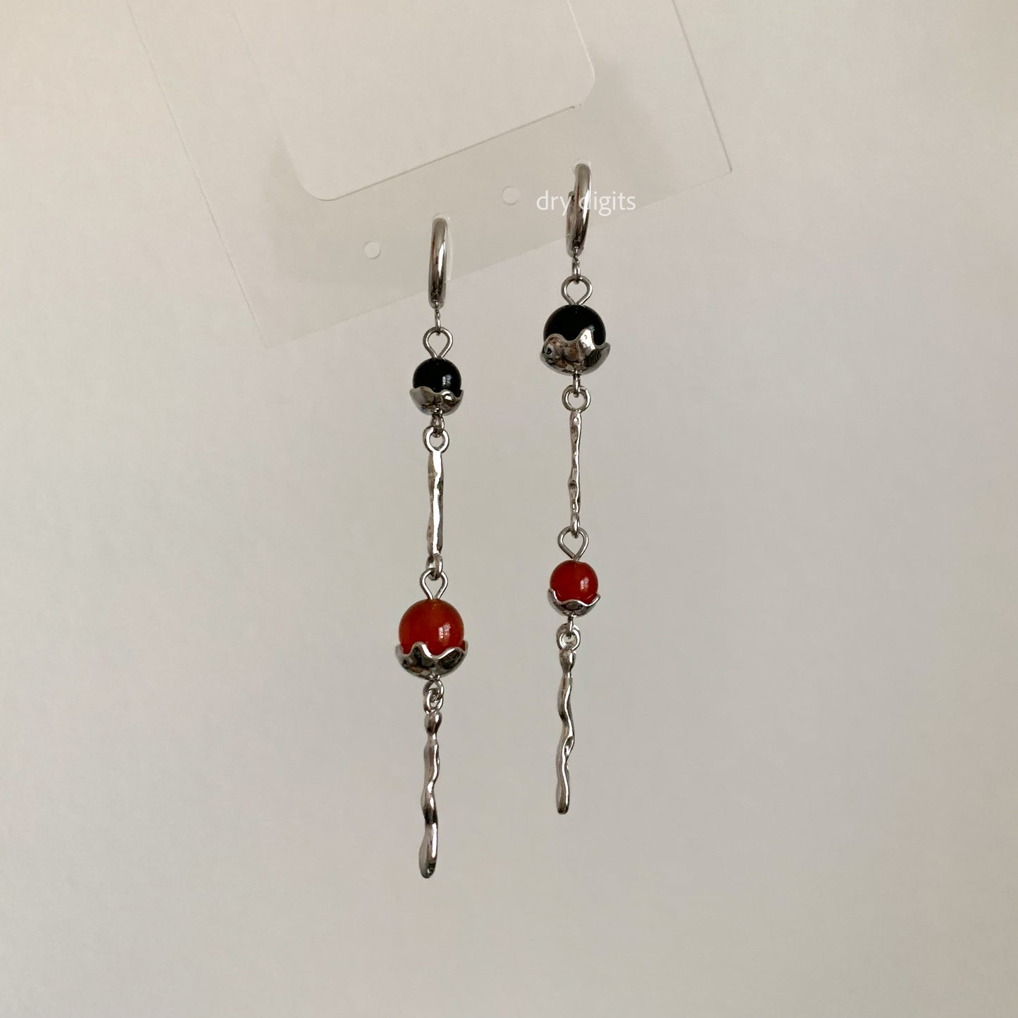 Long Drop Hoop Earrings – Black Onyx & Red Agate Dangle
