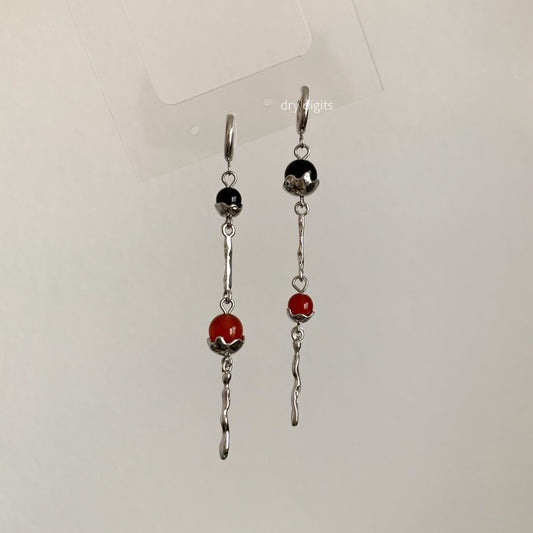 Long Drop Hoop Earrings – Black Onyx & Red Agate Dangle