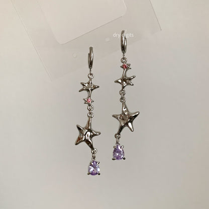 Stardust Cascade Hoop Earrings – Silver Stars with Pink & Purple Crystals