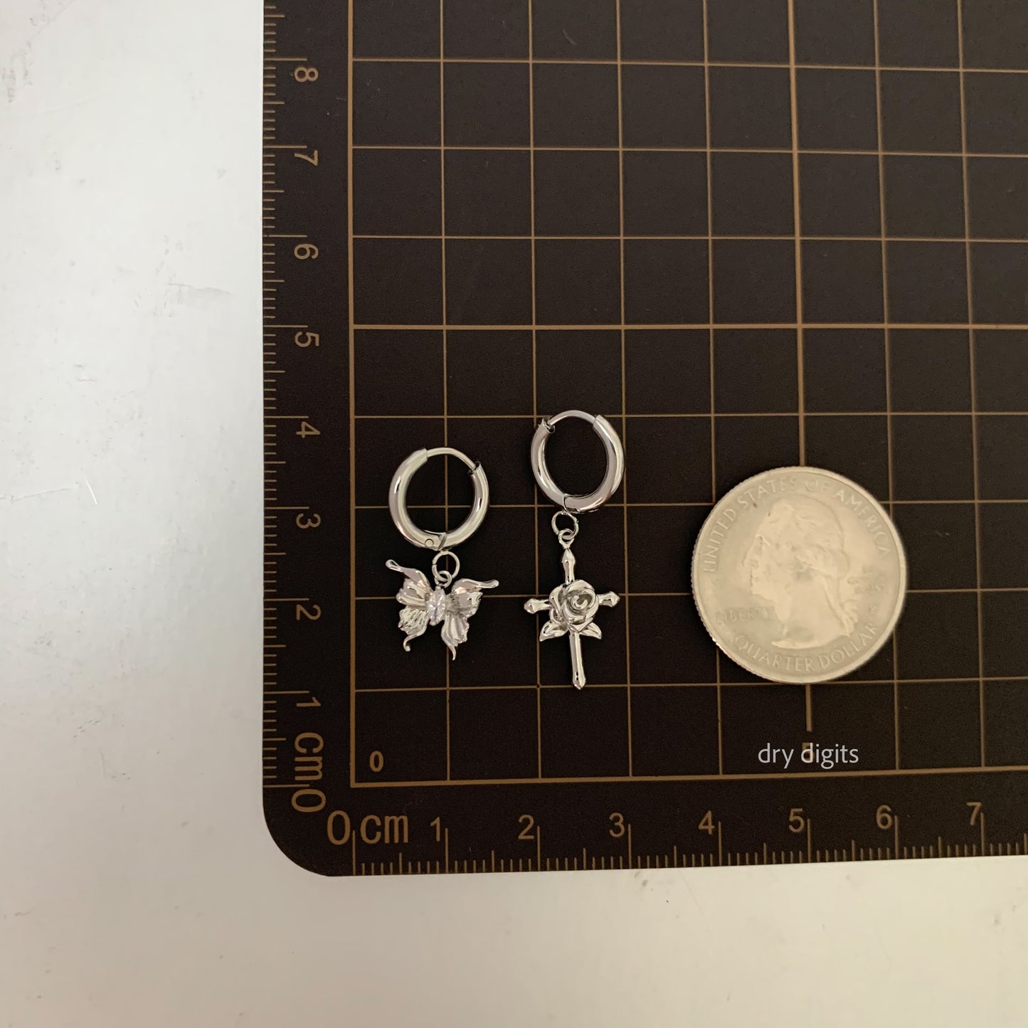 Mismatched Butterfly & Rose Cross Hoop Earrings – Silver Dangle Set