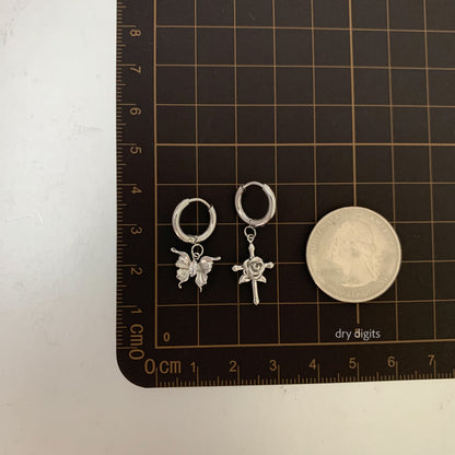 Mismatched Butterfly & Rose Cross Hoop Earrings – Silver Dangle Set