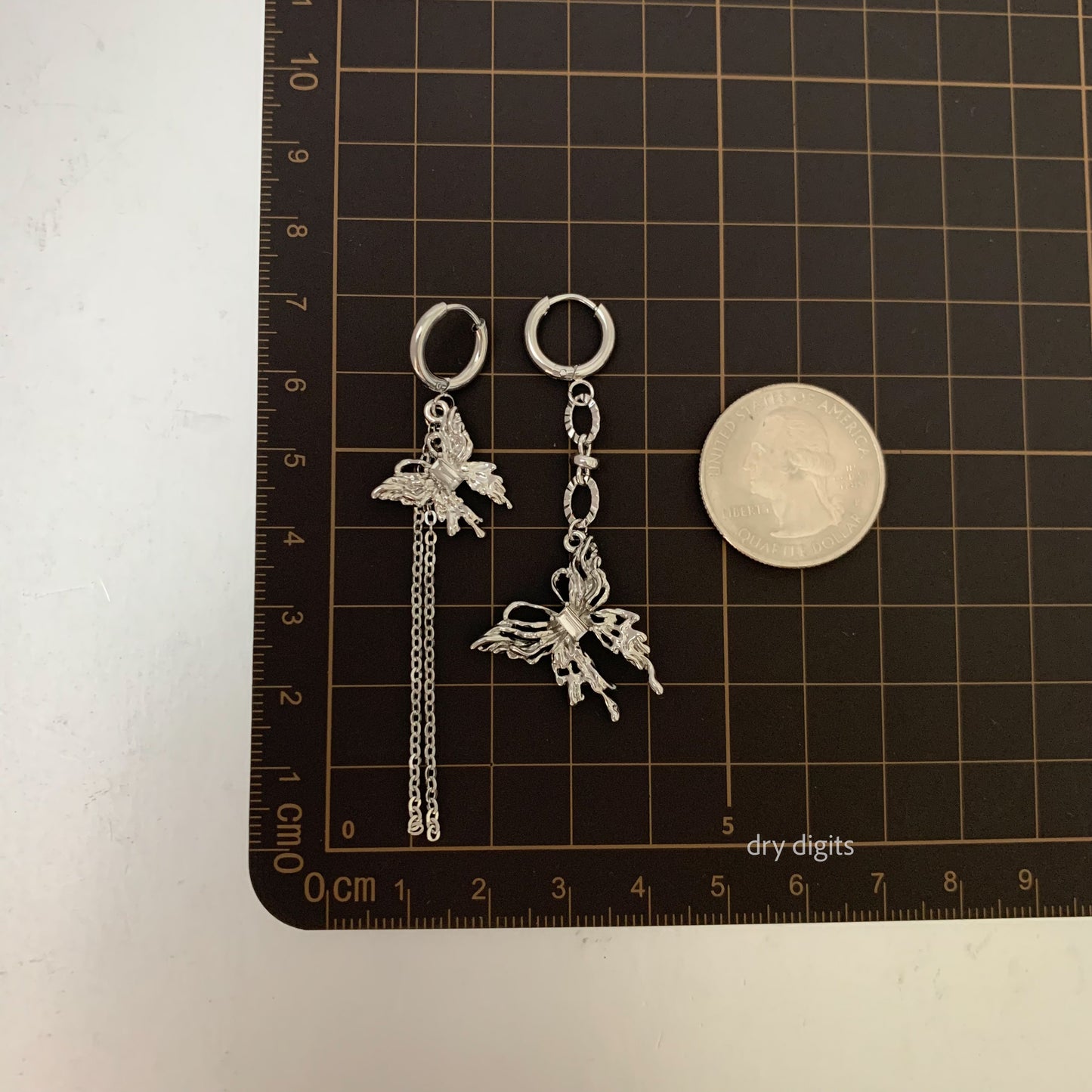 Mismatched Silver Butterfly Chain Hoop Earrings – Long Dangle Set
