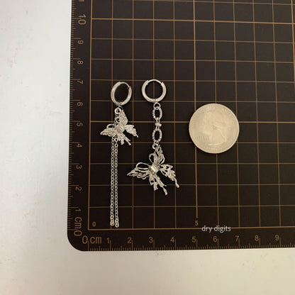 Mismatched Silver Butterfly Chain Hoop Earrings – Long Dangle Set