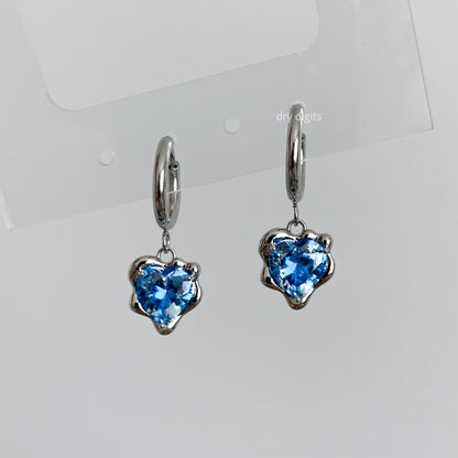 Blue Heart Crystal Hoop Earrings – Silver Spark Dangles