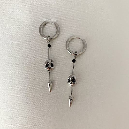 Skull Spike Hoop Earrings – Silver Gothic Dangle with Black Crystal