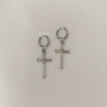 Bone Cross Hoop Earrings – Silver Gothic Dangle