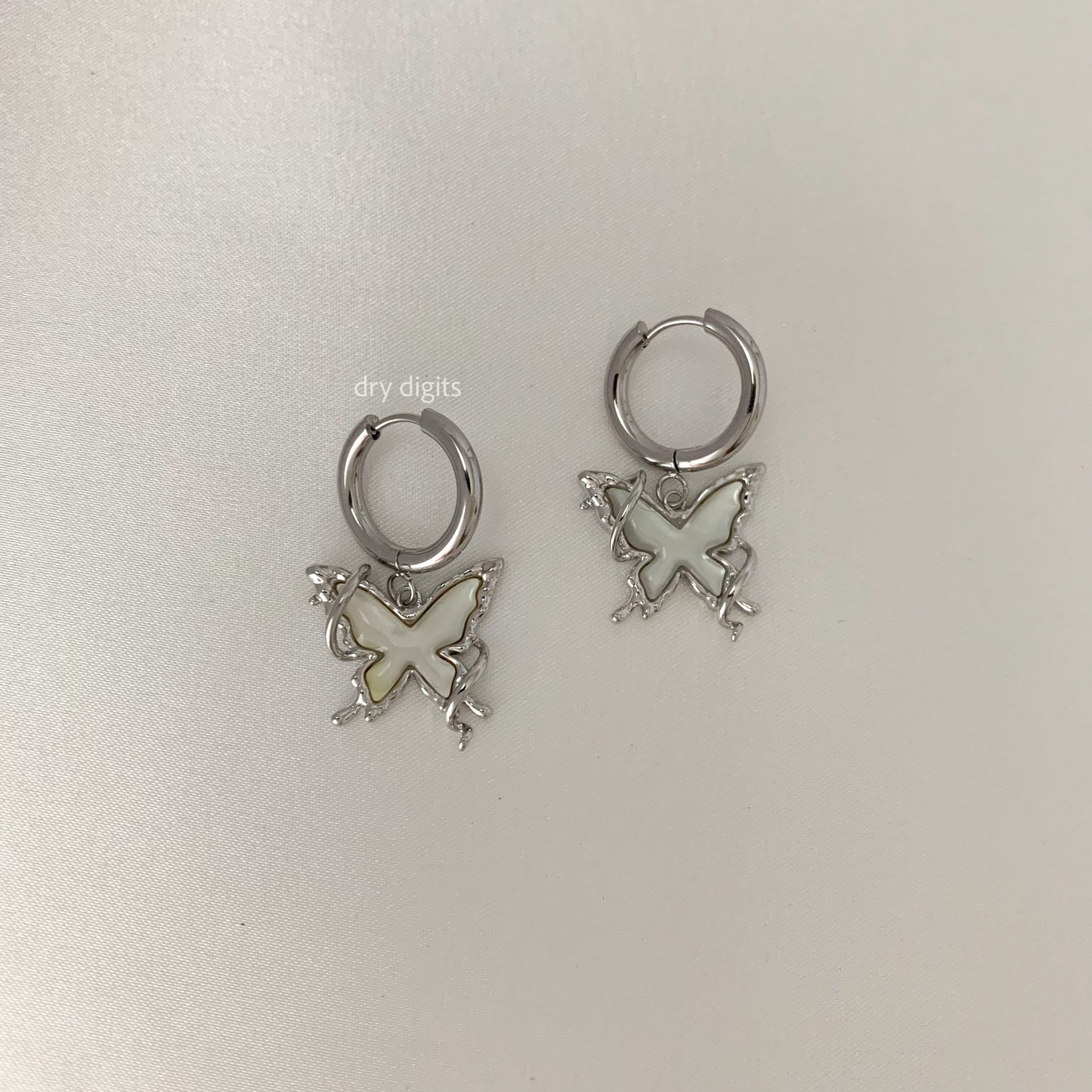Iridescent Butterfly Hoop Earrings – Silver Outline Dangles