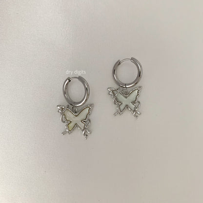 Iridescent Butterfly Hoop Earrings – Silver Outline Dangles