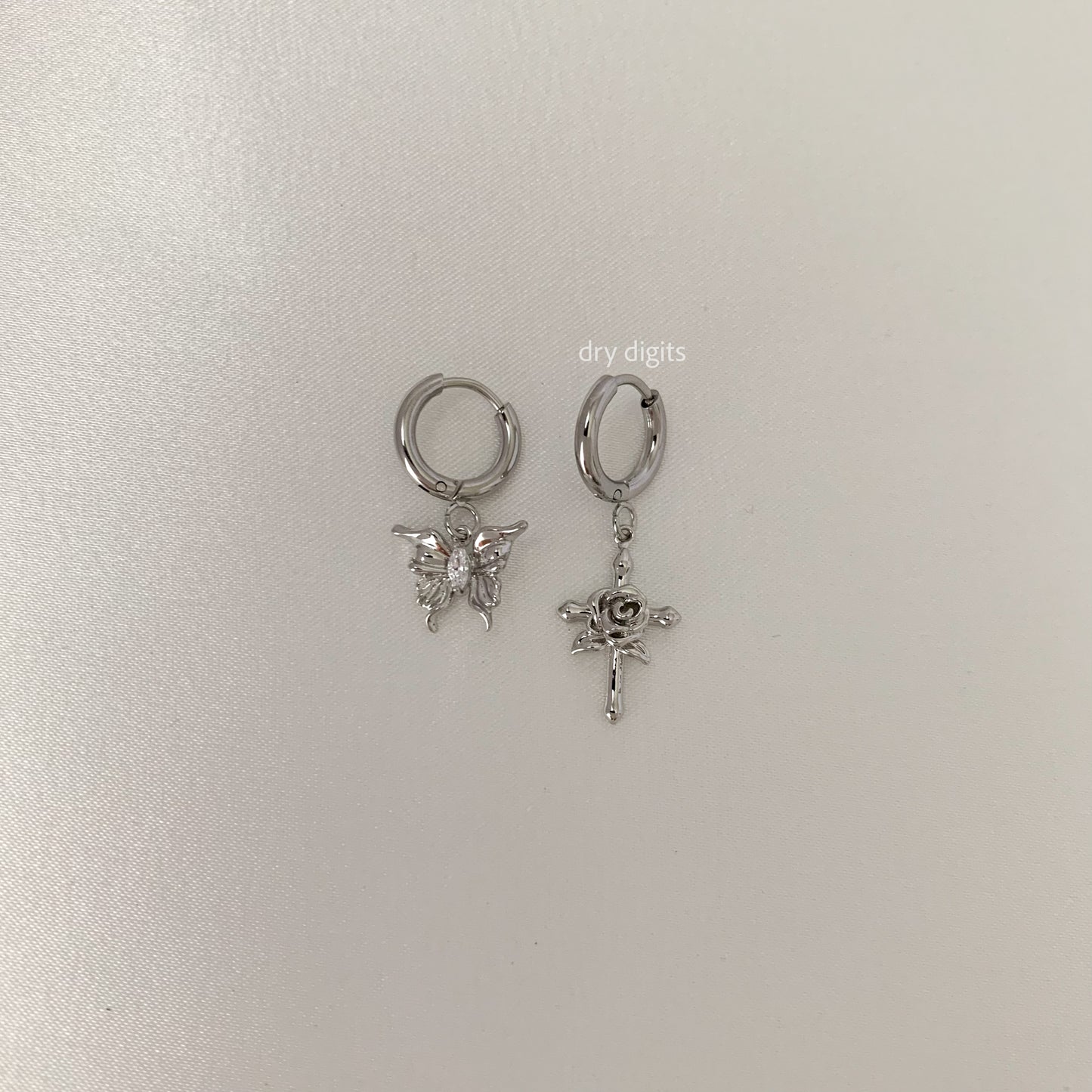Mismatched Butterfly & Rose Cross Hoop Earrings – Silver Dangle Set