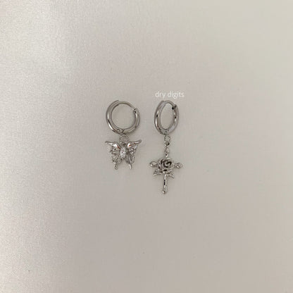 Mismatched Butterfly & Rose Cross Hoop Earrings – Silver Dangle Set